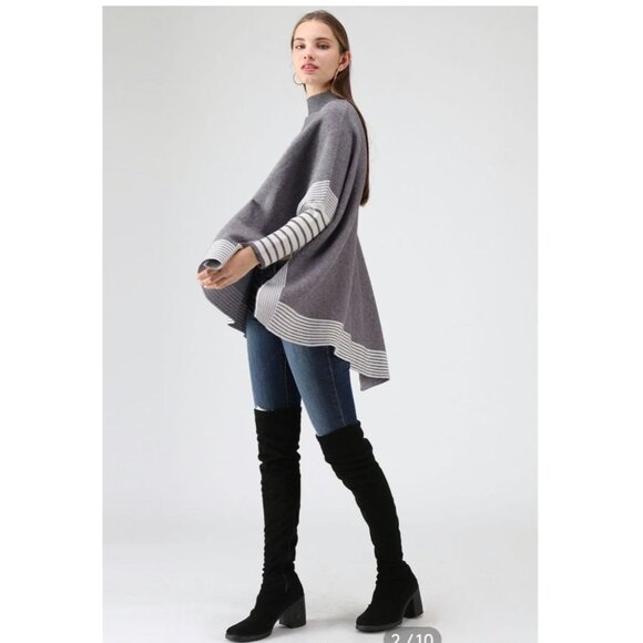 ChicWish Sweater Womens M-L Gray Colorblock Striped Knit Poncho Moc Neck Dolman - Picture 6 of 13